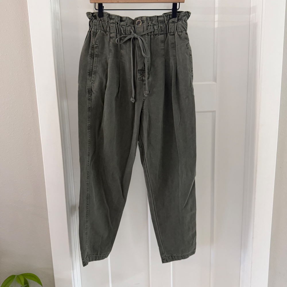 Free People Margate Pleated Trouser Olive Green Paperbag Waist Pants Size Small